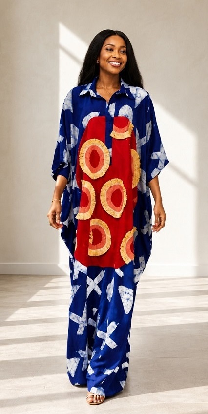 Adire Bubu with Red Raffia Patch